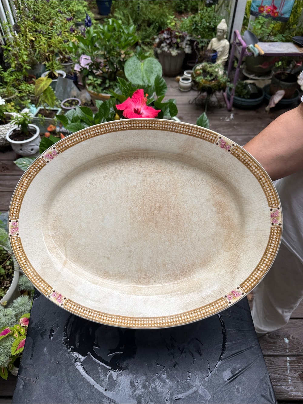 Vintage J&G Meakin Crackled Porcelain Cream Pink Floral & Gold Serving Platter